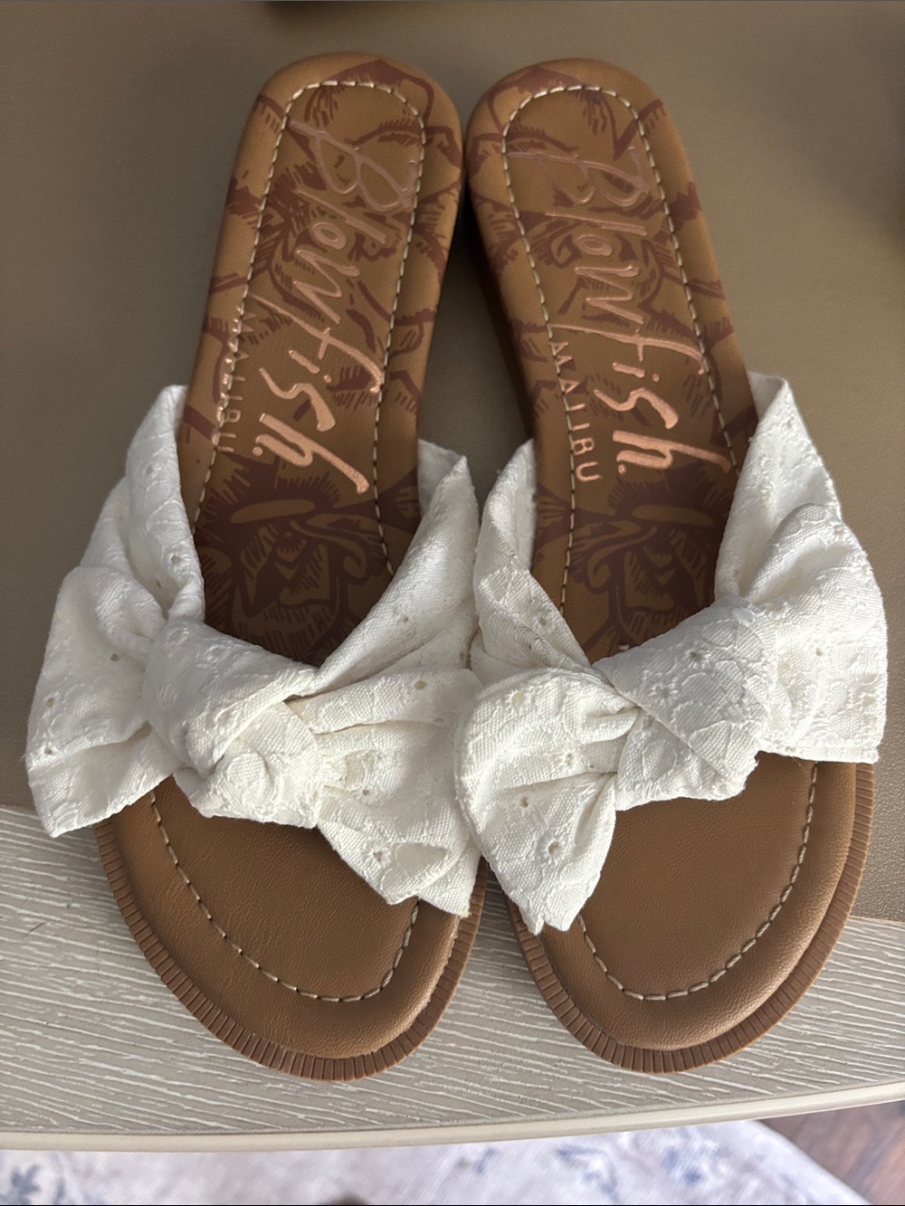 Blowfish White Knotted Slide Sandals with Tan Footbed
